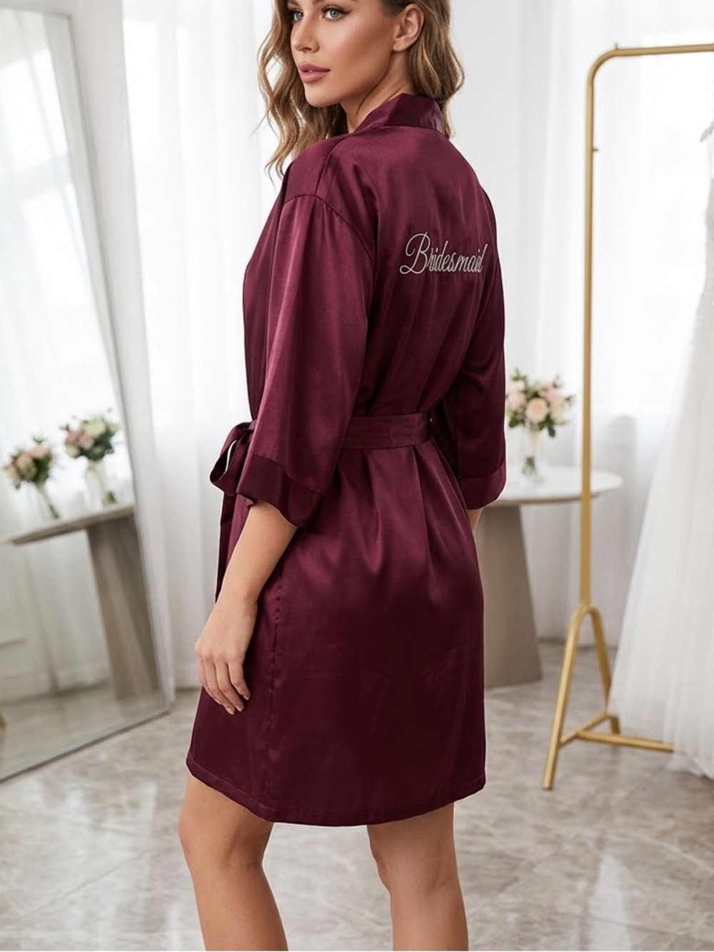 DB Studio Burgundy Satin Bridesmaid Kimono Robe Embroidered Tie Belt Size L